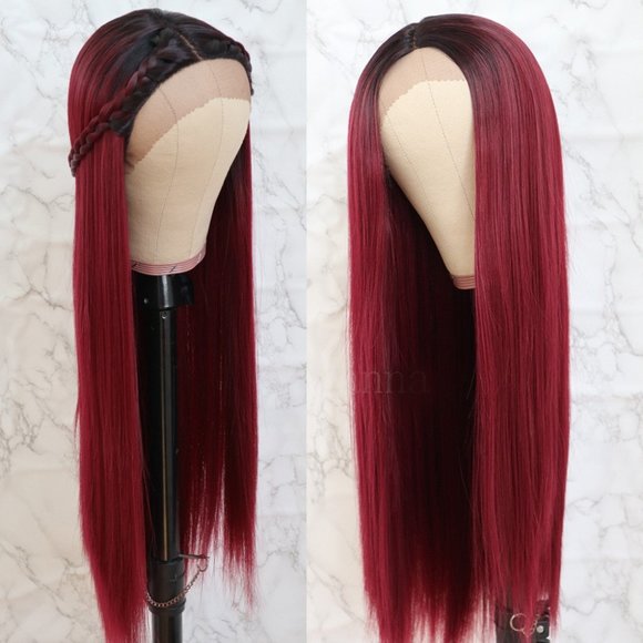 New Burgundy Long Silky Straight Lace Front Wig main image 5